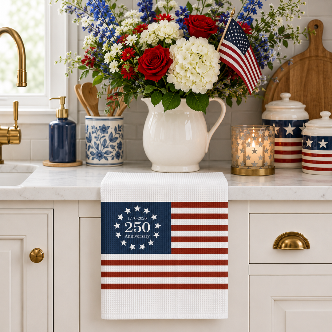 Happy 250th Birthday America Semiquincentennial Waffle Kitchen Towel
